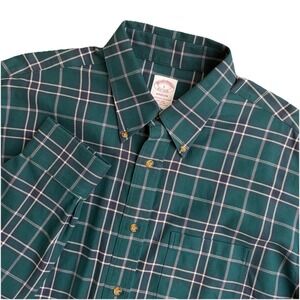 Brooks Brothers Shirt Mens Large Green Navy Plaid Madison Cotton Button Down